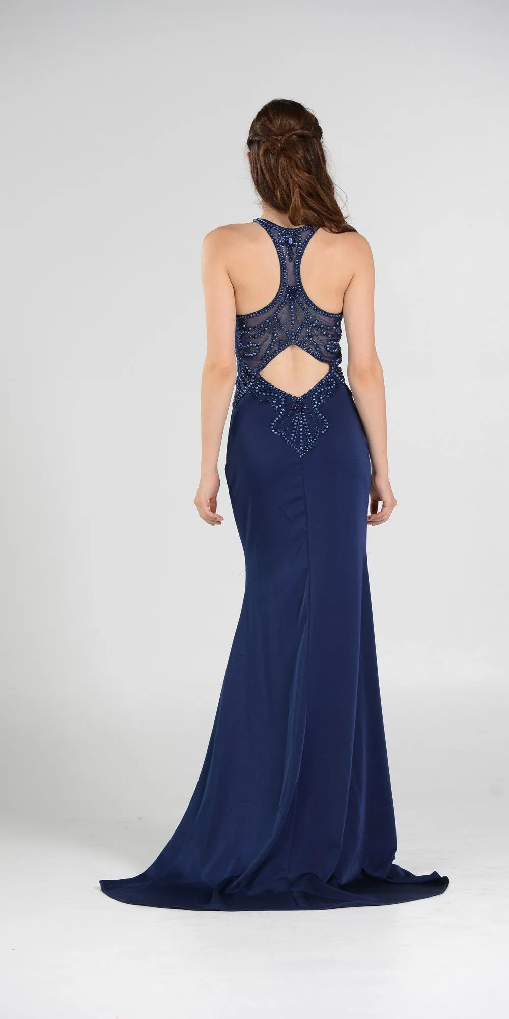 Poly USA 7966 Sheer Beaded Bodice Racer Cut-Out Back Mermaid Gown
