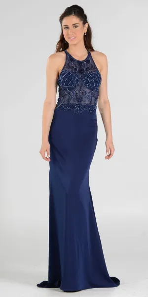 Poly USA 7966 Sheer Beaded Bodice Racer Cut-Out Back Mermaid Gown