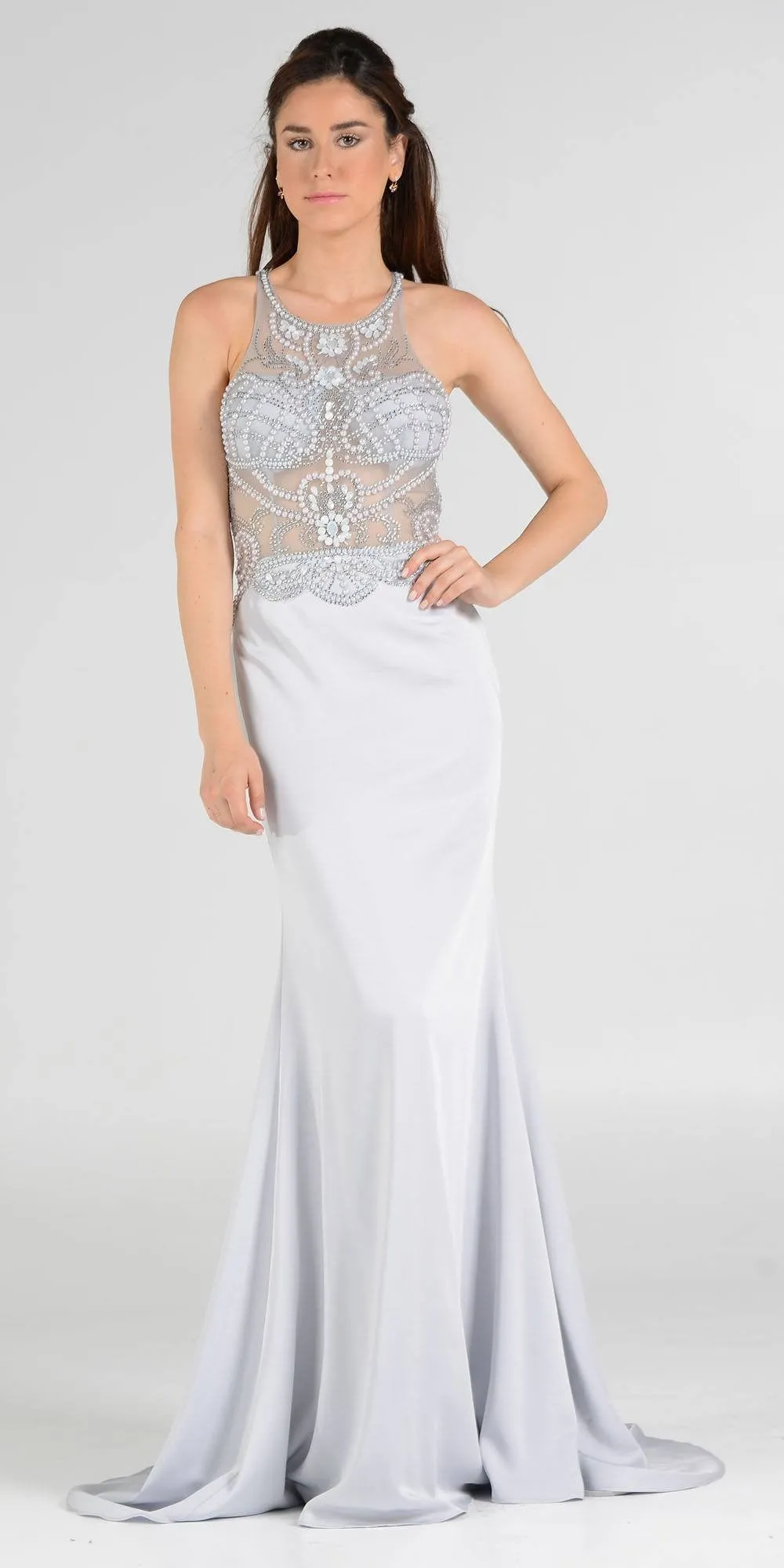 Poly USA 7966 Sheer Beaded Bodice Racer Cut-Out Back Mermaid Gown