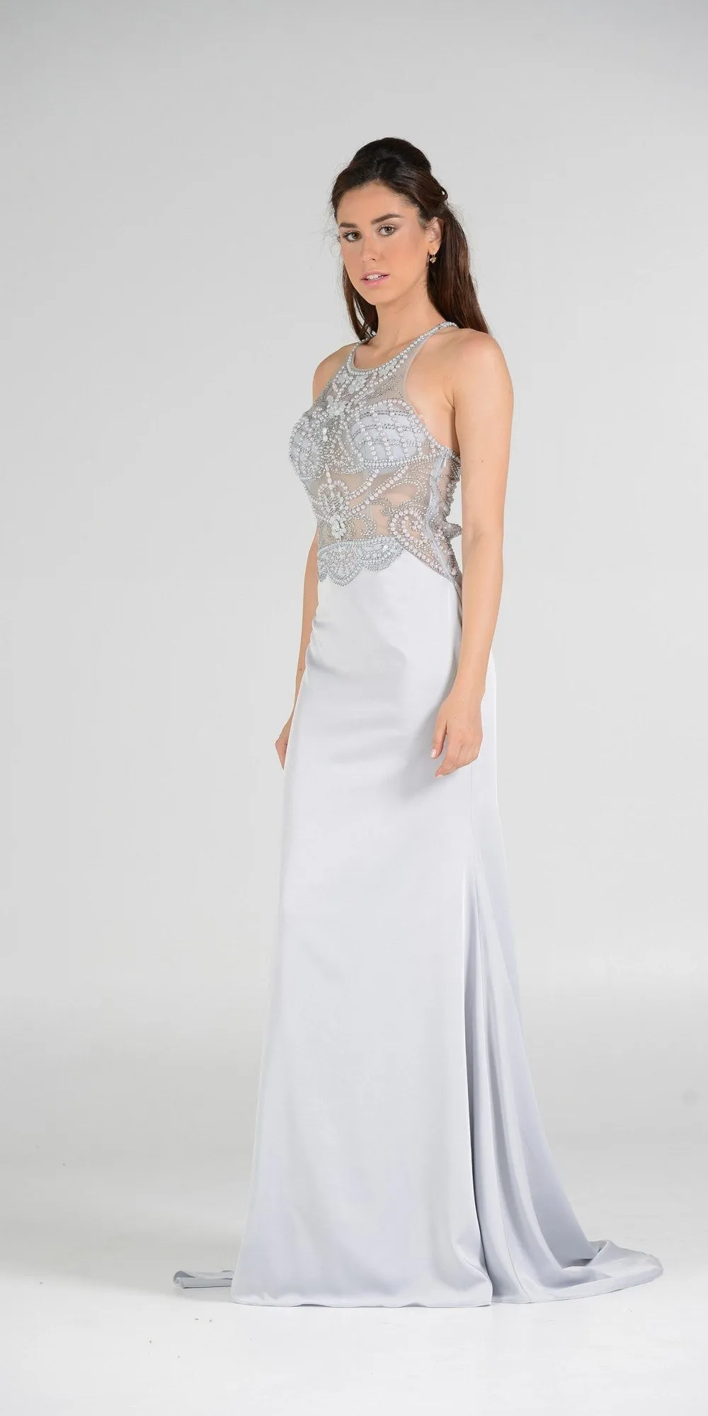 Poly USA 7966 Sheer Beaded Bodice Racer Cut-Out Back Mermaid Gown