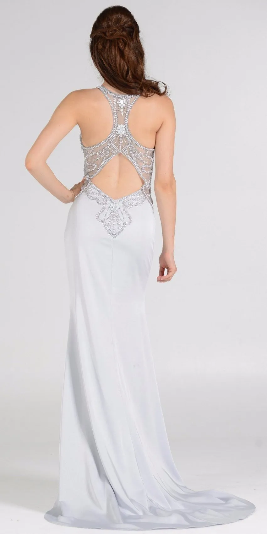 Poly USA 7966 Sheer Beaded Bodice Racer Cut-Out Back Mermaid Gown