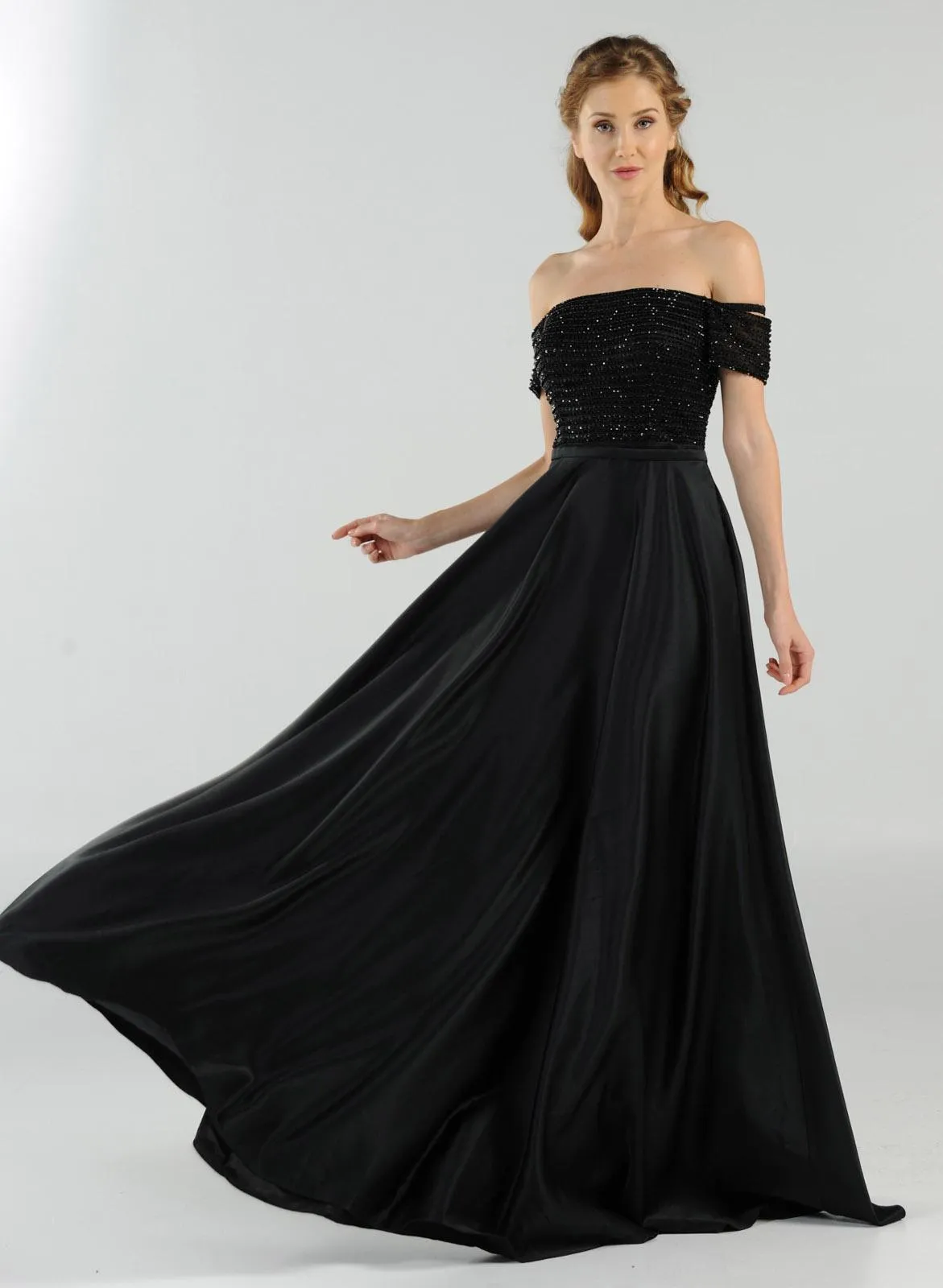 Poly USA 8132 Off-the-Shoulder Beaded Long Dress with Pockets