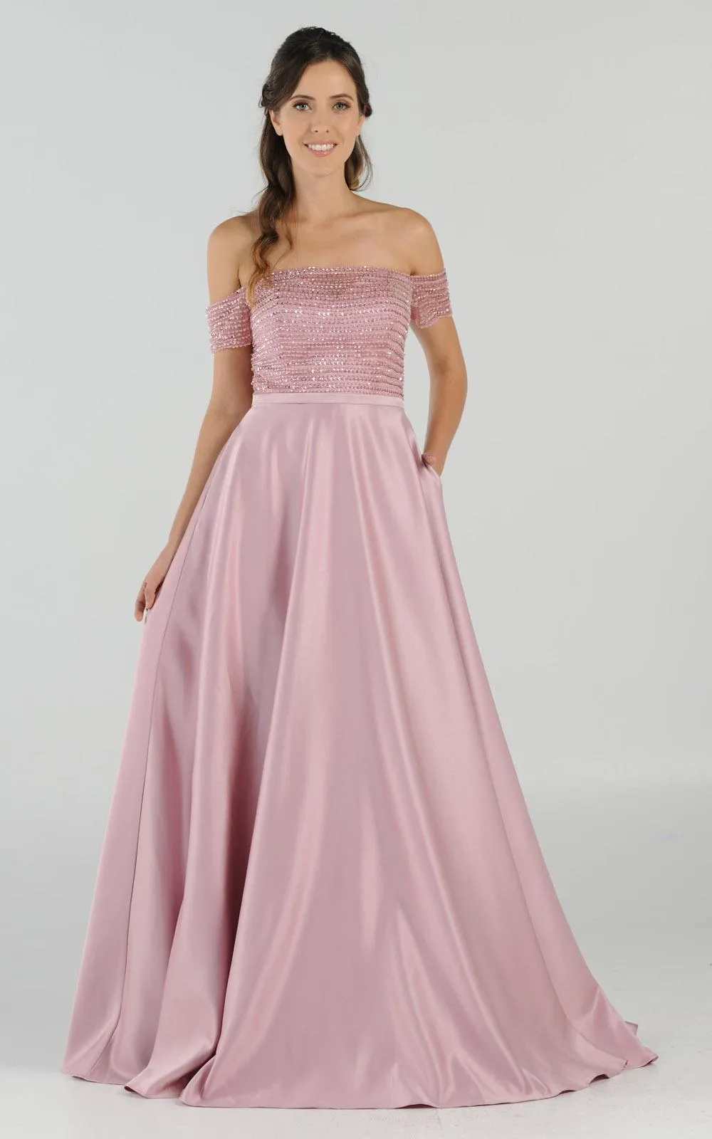 Poly USA 8132 Off-the-Shoulder Beaded Long Dress with Pockets
