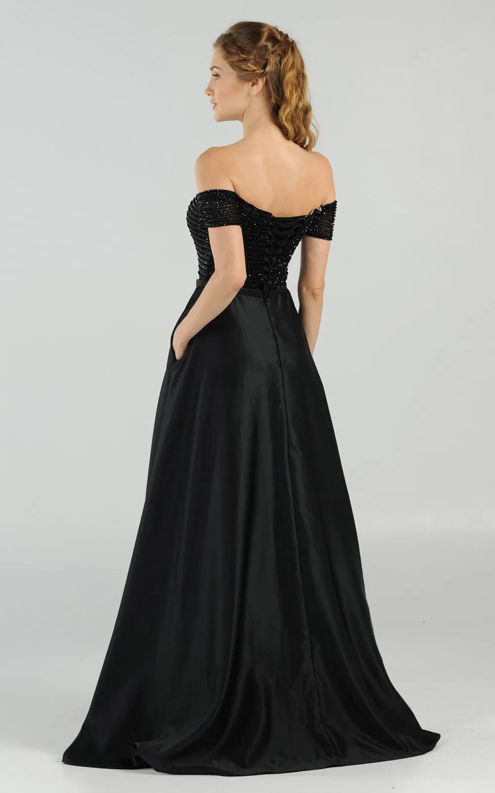 Poly USA 8132 Off-the-Shoulder Beaded Long Dress with Pockets
