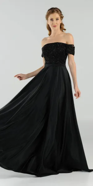 Poly USA 8132 Off-the-Shoulder Beaded Long Dress with Pockets
