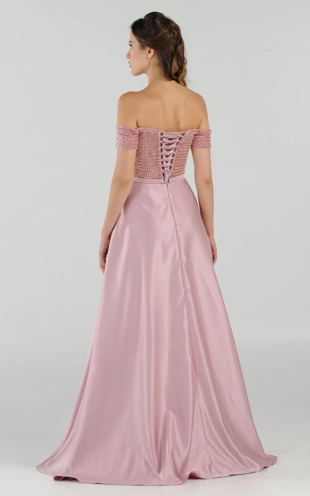 Poly USA 8132 Off-the-Shoulder Beaded Long Dress with Pockets