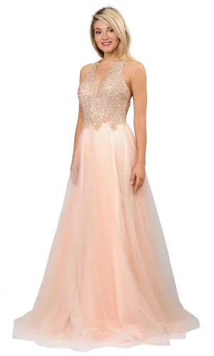 Poly USA 8412  Beaded Long Prom Dress with Strappy Open-Back