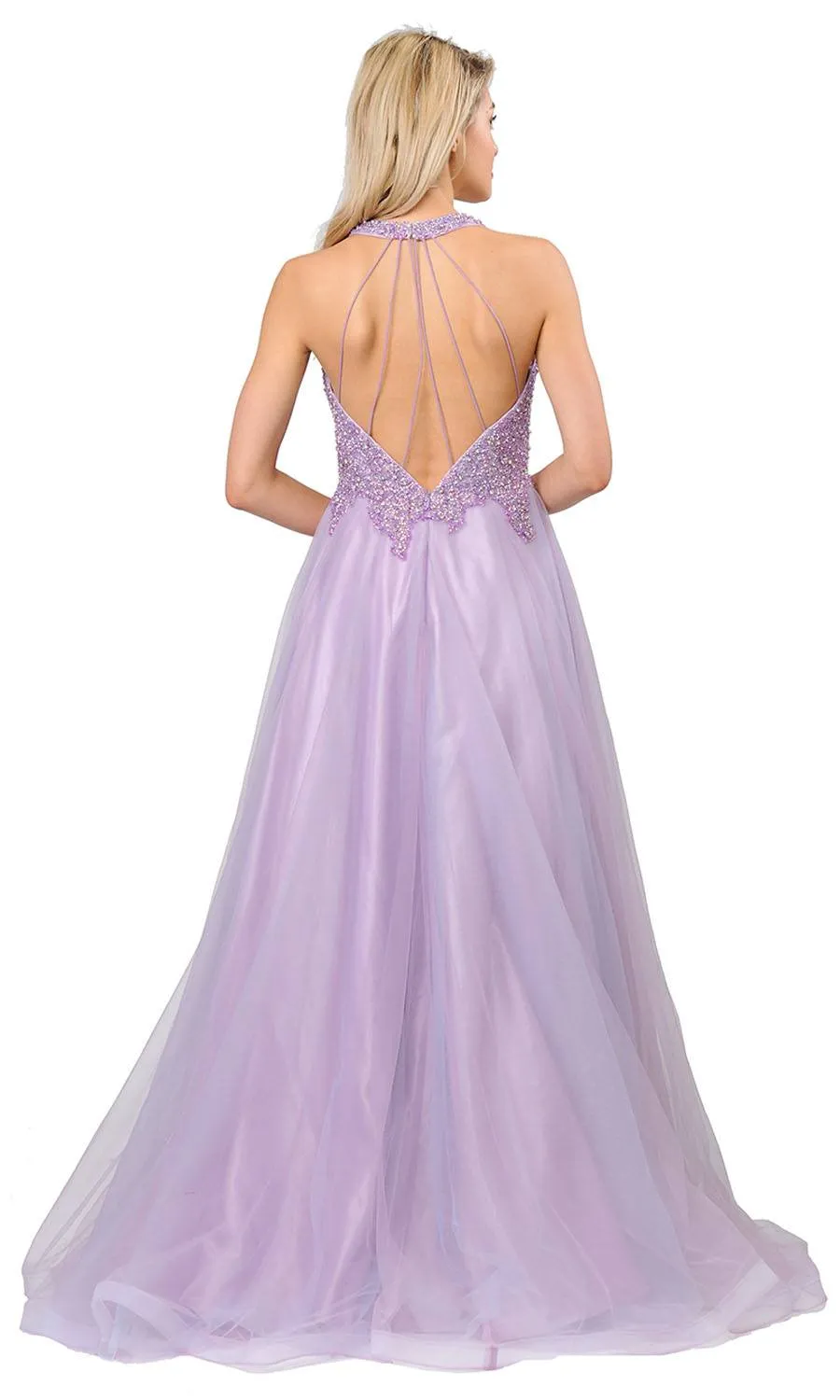 Poly USA 8412  Beaded Long Prom Dress with Strappy Open-Back