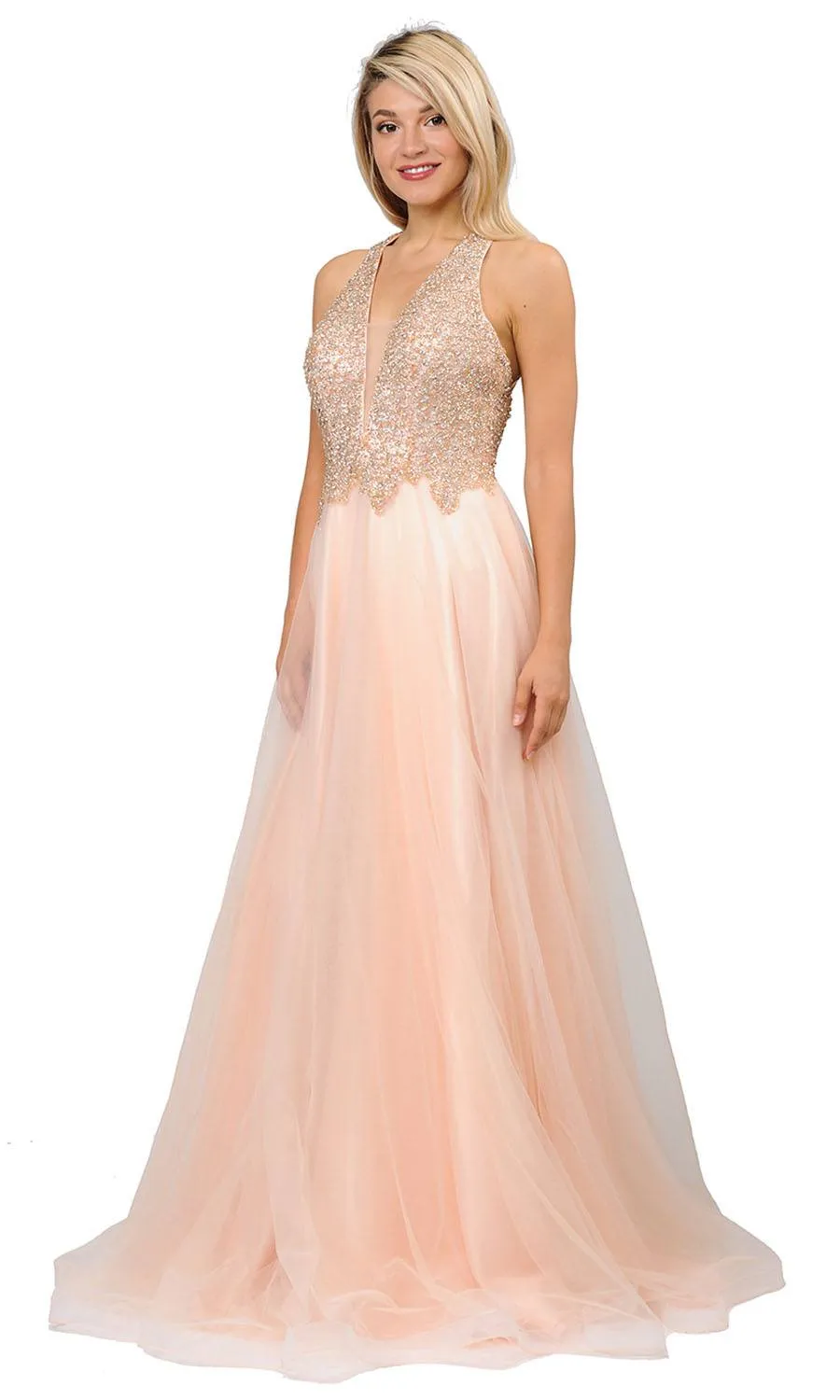 Poly USA 8412  Beaded Long Prom Dress with Strappy Open-Back