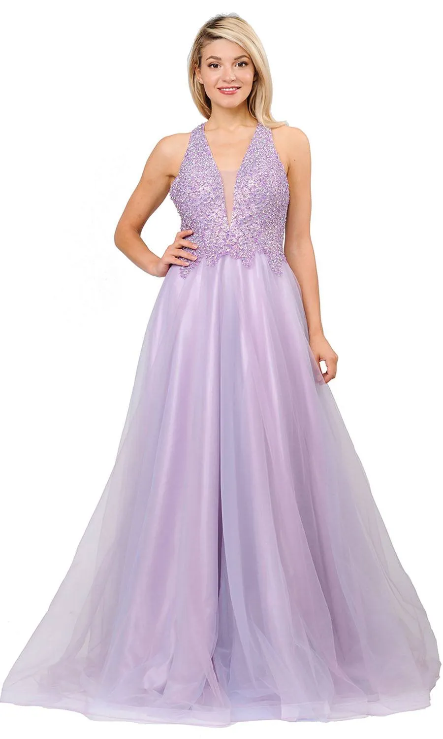 Poly USA 8412  Beaded Long Prom Dress with Strappy Open-Back