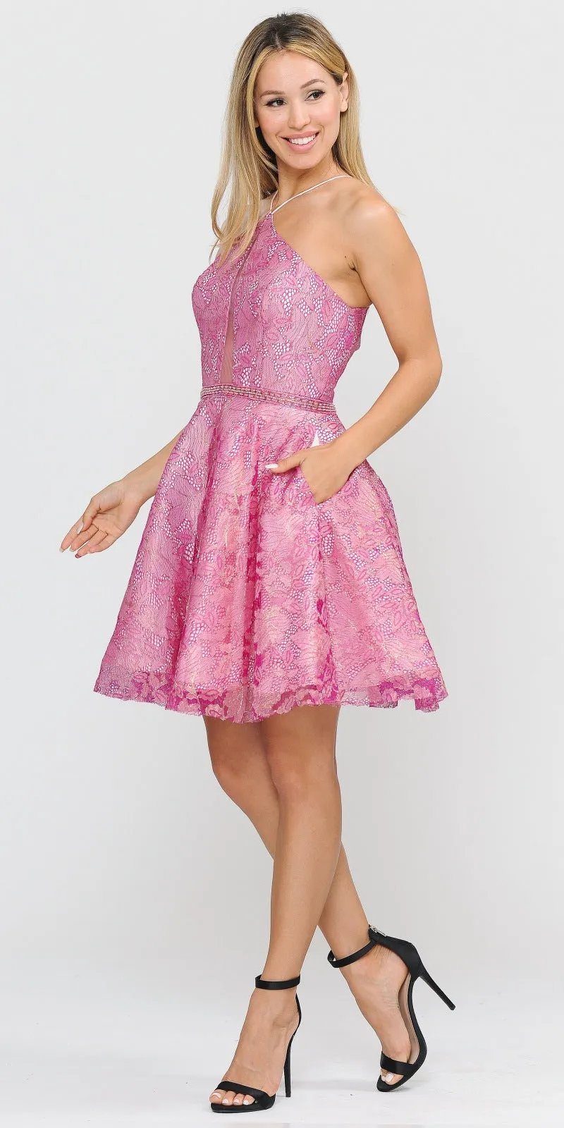 Poly Usa 8506 Short Spaghetti Halter A-Line Lace Dress Cut-Out Back