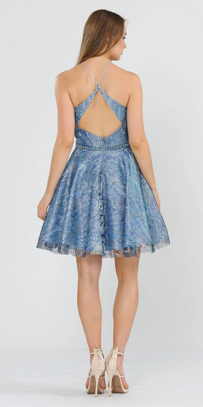 Poly Usa 8506 Short Spaghetti Halter A-Line Lace Dress Cut-Out Back