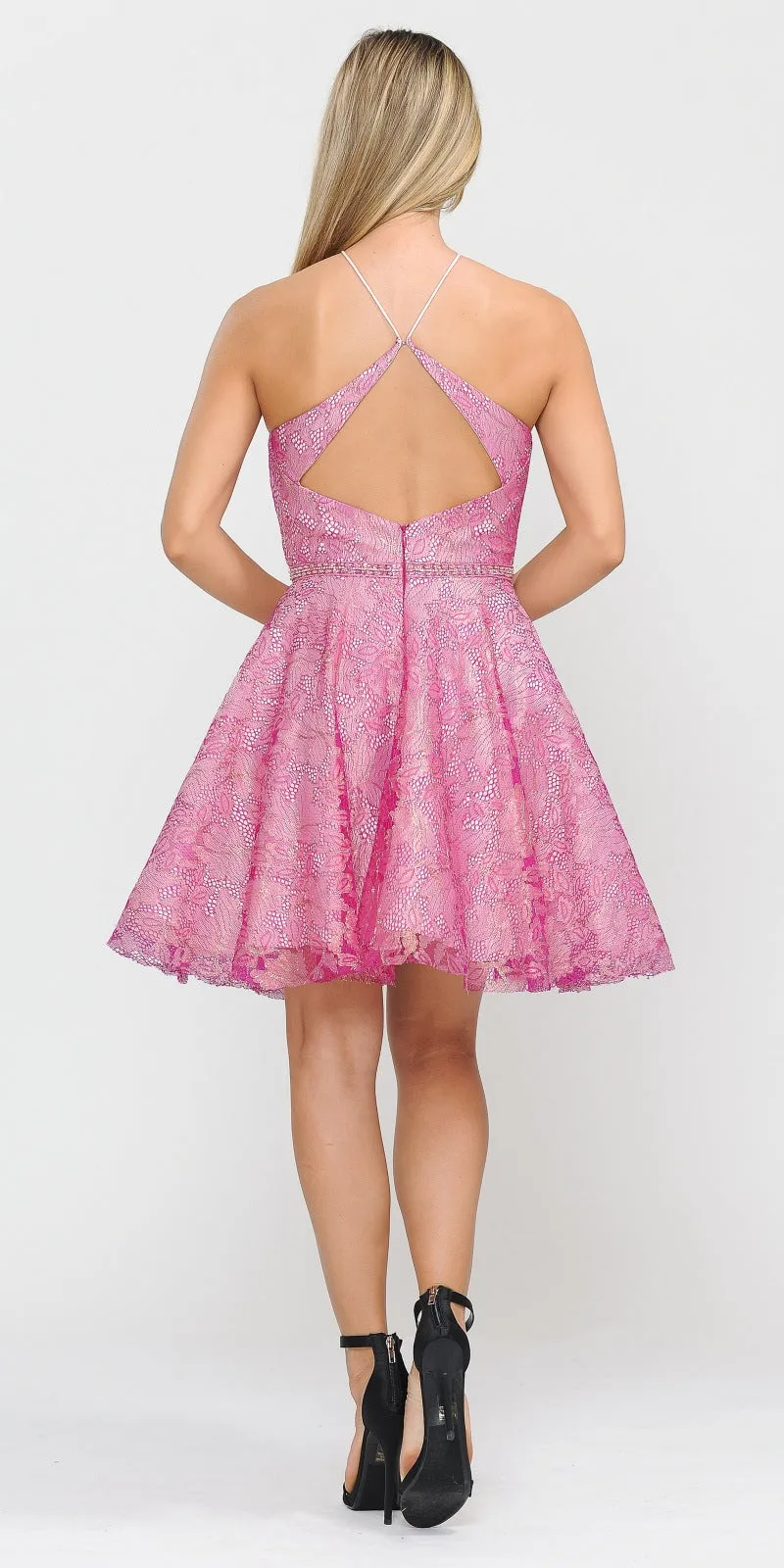 Poly Usa 8506 Short Spaghetti Halter A-Line Lace Dress Cut-Out Back