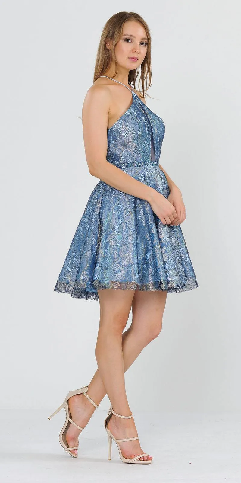 Poly Usa 8506 Short Spaghetti Halter A-Line Lace Dress Cut-Out Back
