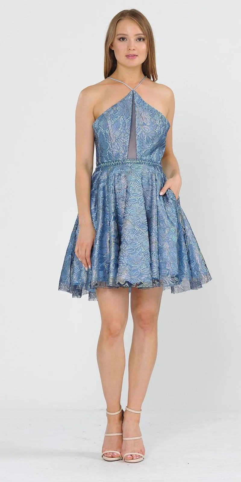 Poly Usa 8506 Short Spaghetti Halter A-Line Lace Dress Cut-Out Back