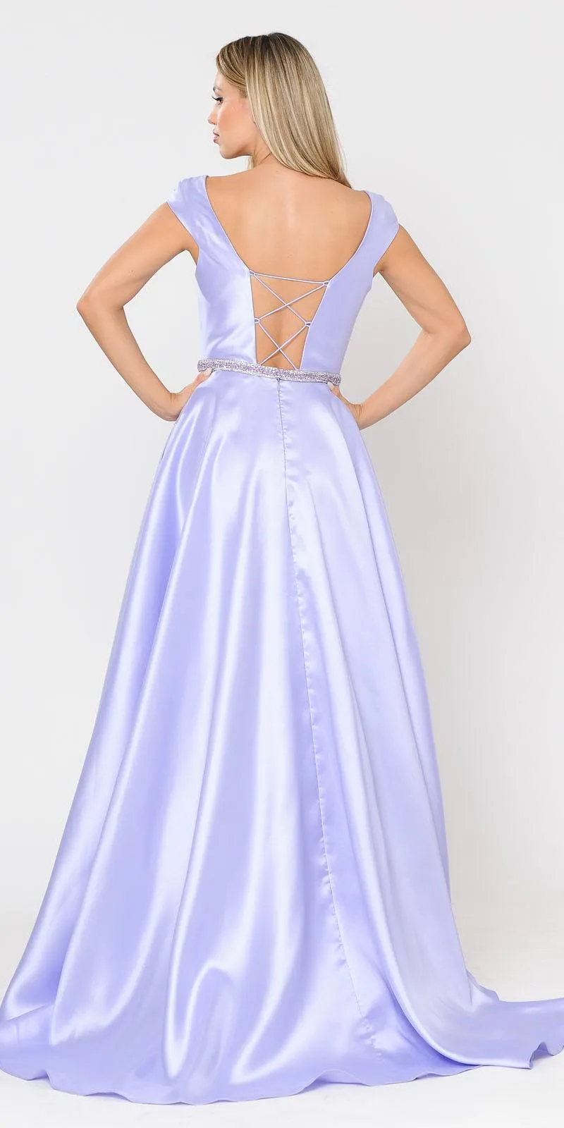 Poly USA 8702 A-Line Mikado Cap Sleeved Long Dress Pockets