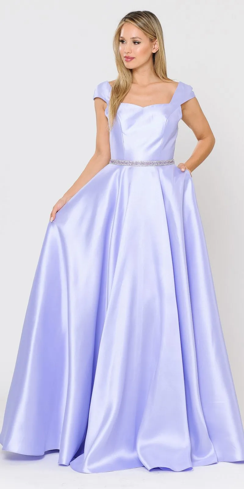 Poly USA 8702 A-Line Mikado Cap Sleeved Long Dress Pockets