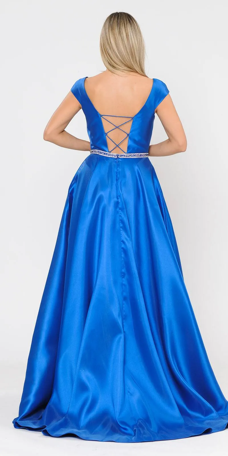Poly USA 8702 A-Line Mikado Cap Sleeved Long Dress Pockets