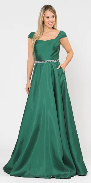 Poly USA 8702 A-Line Mikado Cap Sleeved Long Dress Pockets