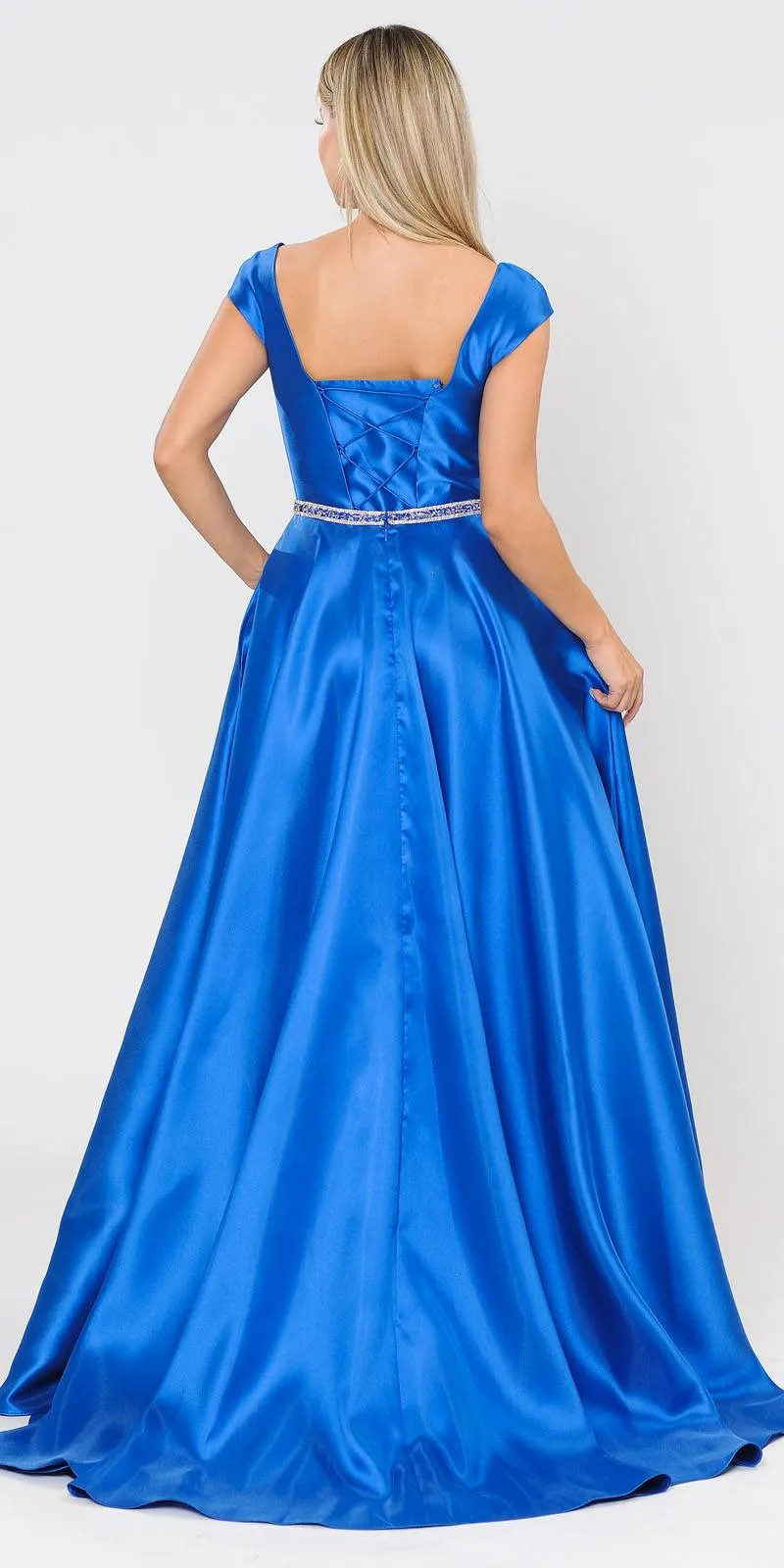 Poly USA 8702 A-Line Mikado Cap Sleeved Long Dress Pockets