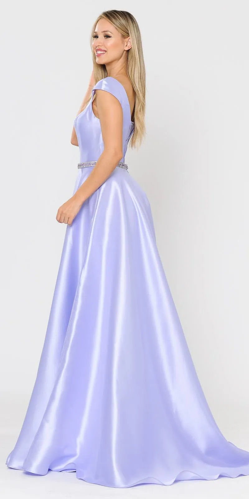 Poly USA 8702 A-Line Mikado Cap Sleeved Long Dress Pockets