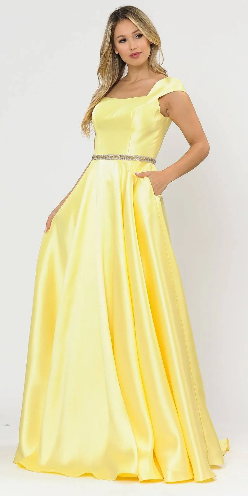 Poly USA 8702 A-Line Mikado Cap Sleeved Long Dress Pockets