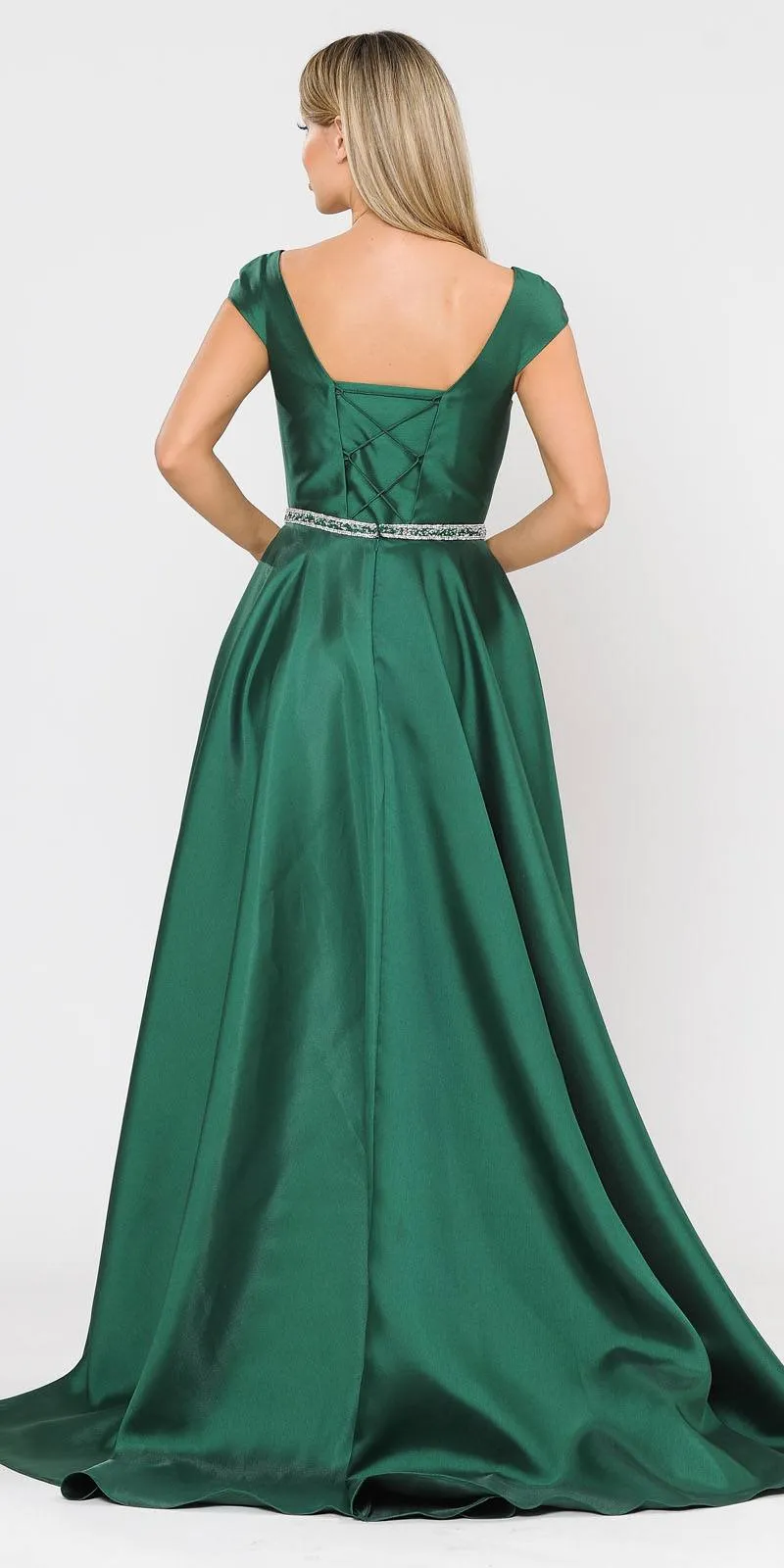 Poly USA 8702 A-Line Mikado Cap Sleeved Long Dress Pockets