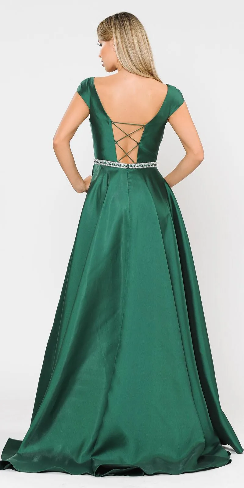 Poly USA 8702 A-Line Mikado Cap Sleeved Long Dress Pockets