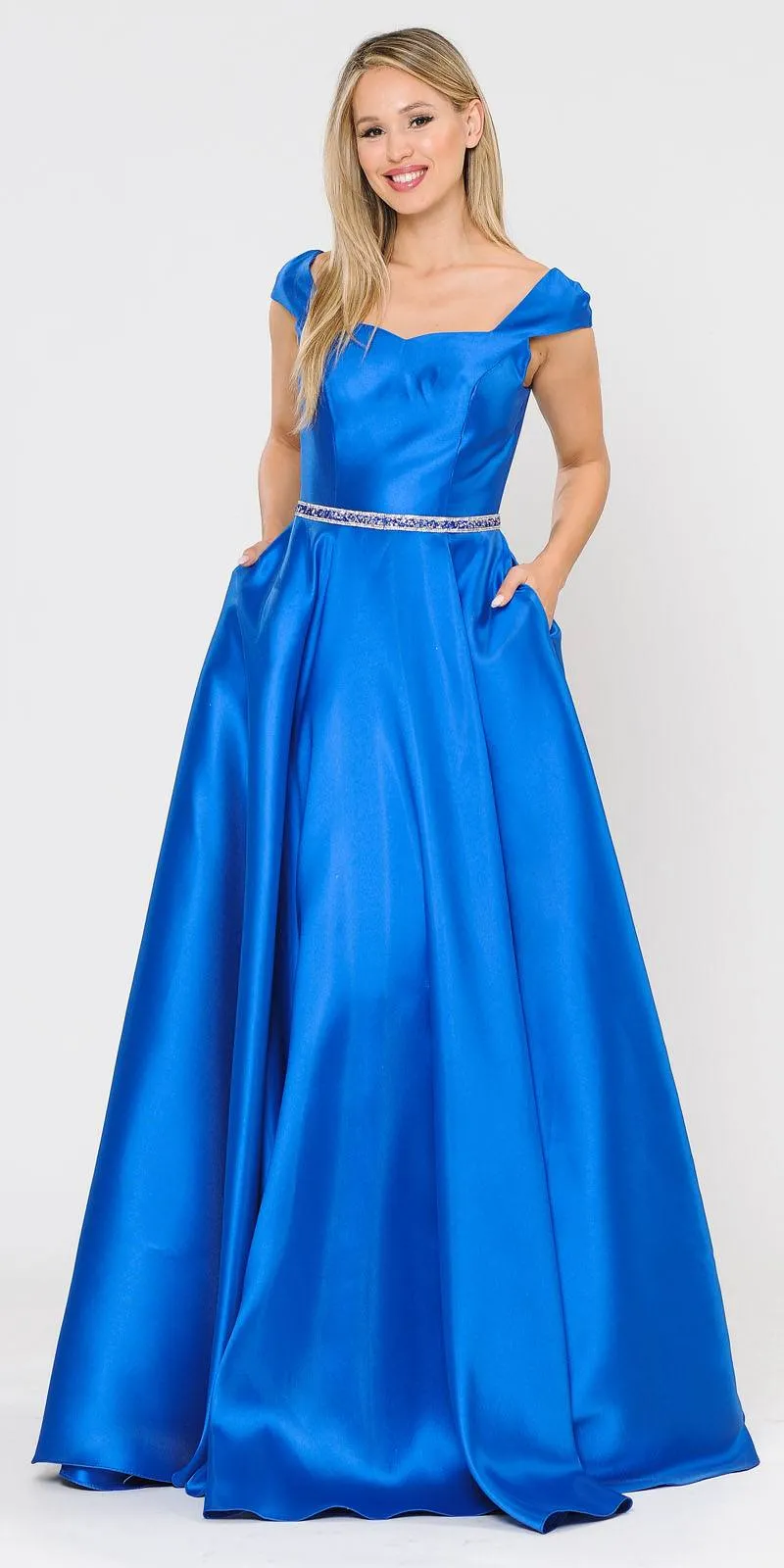 Poly USA 8702 A-Line Mikado Cap Sleeved Long Dress Pockets