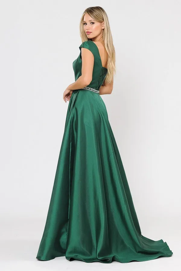 Poly USA 8702 A-Line Mikado Cap Sleeved Long Dress Pockets