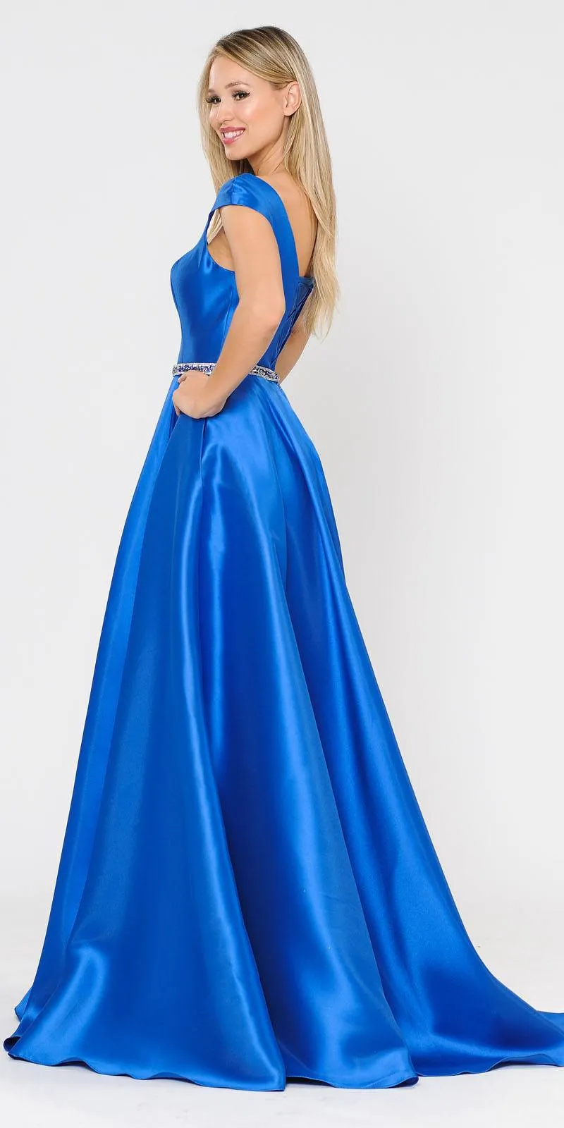 Poly USA 8702 A-Line Mikado Cap Sleeved Long Dress Pockets