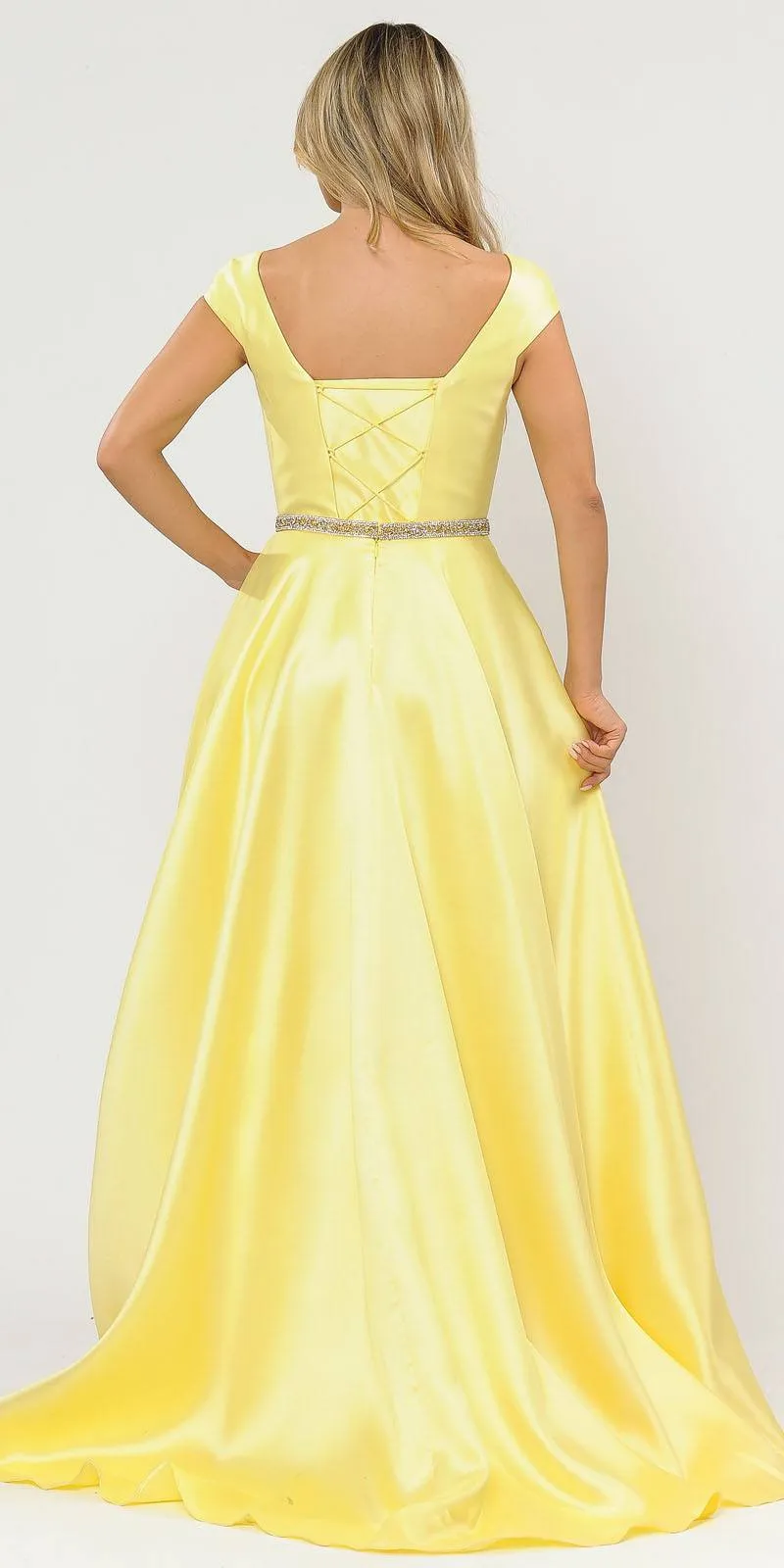 Poly USA 8702 A-Line Mikado Cap Sleeved Long Dress Pockets