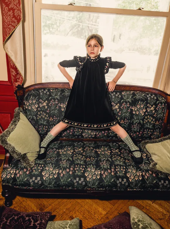Pompomme Embroidered Detail Velvet Dress