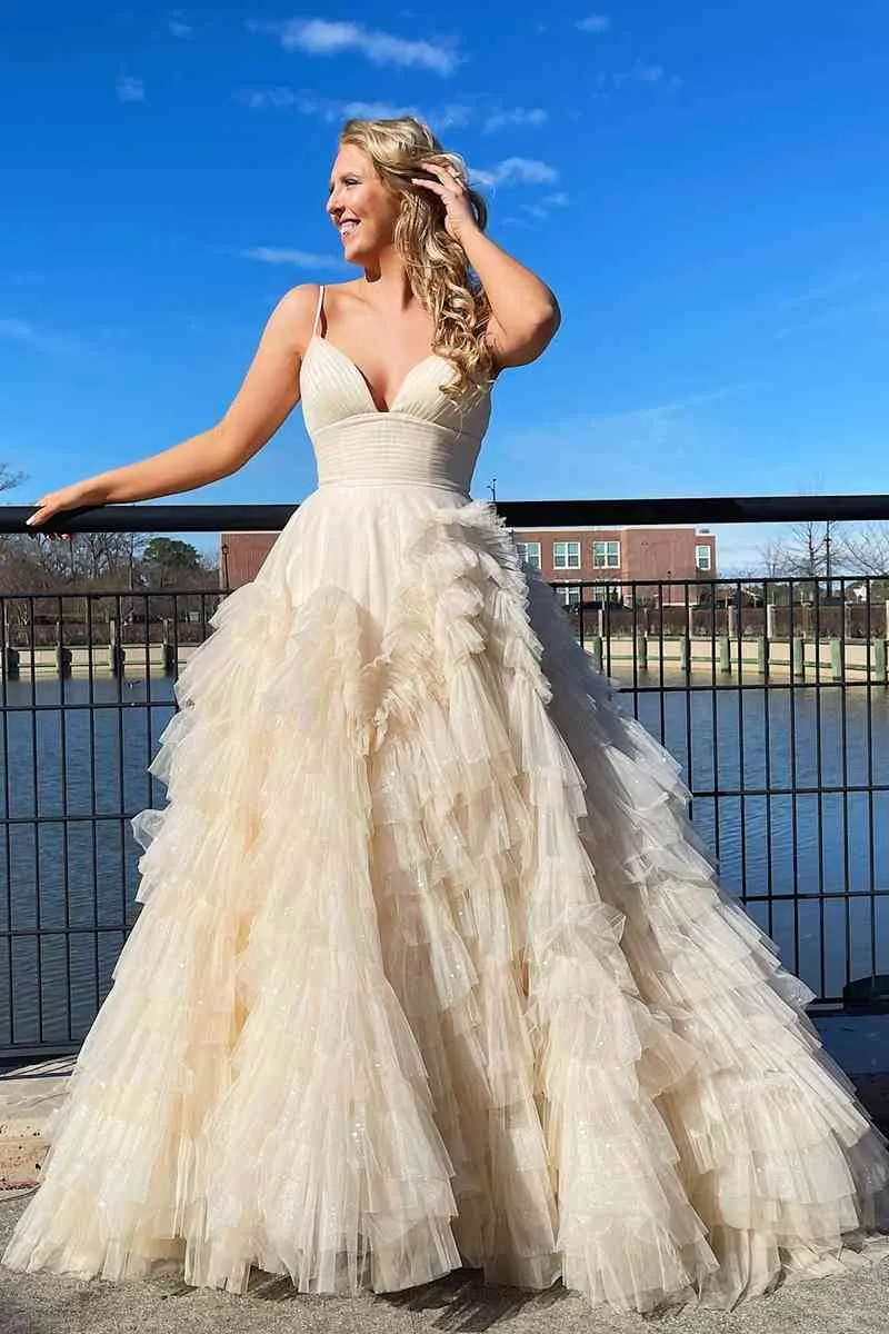 Princess Pink Strappy Frill-Layered A-Line Long Prom Dress