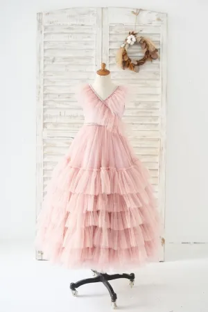 Princess V Neck Mauve Tulle Cupcake Wedding Flower Girl Dress Kids Party Dress