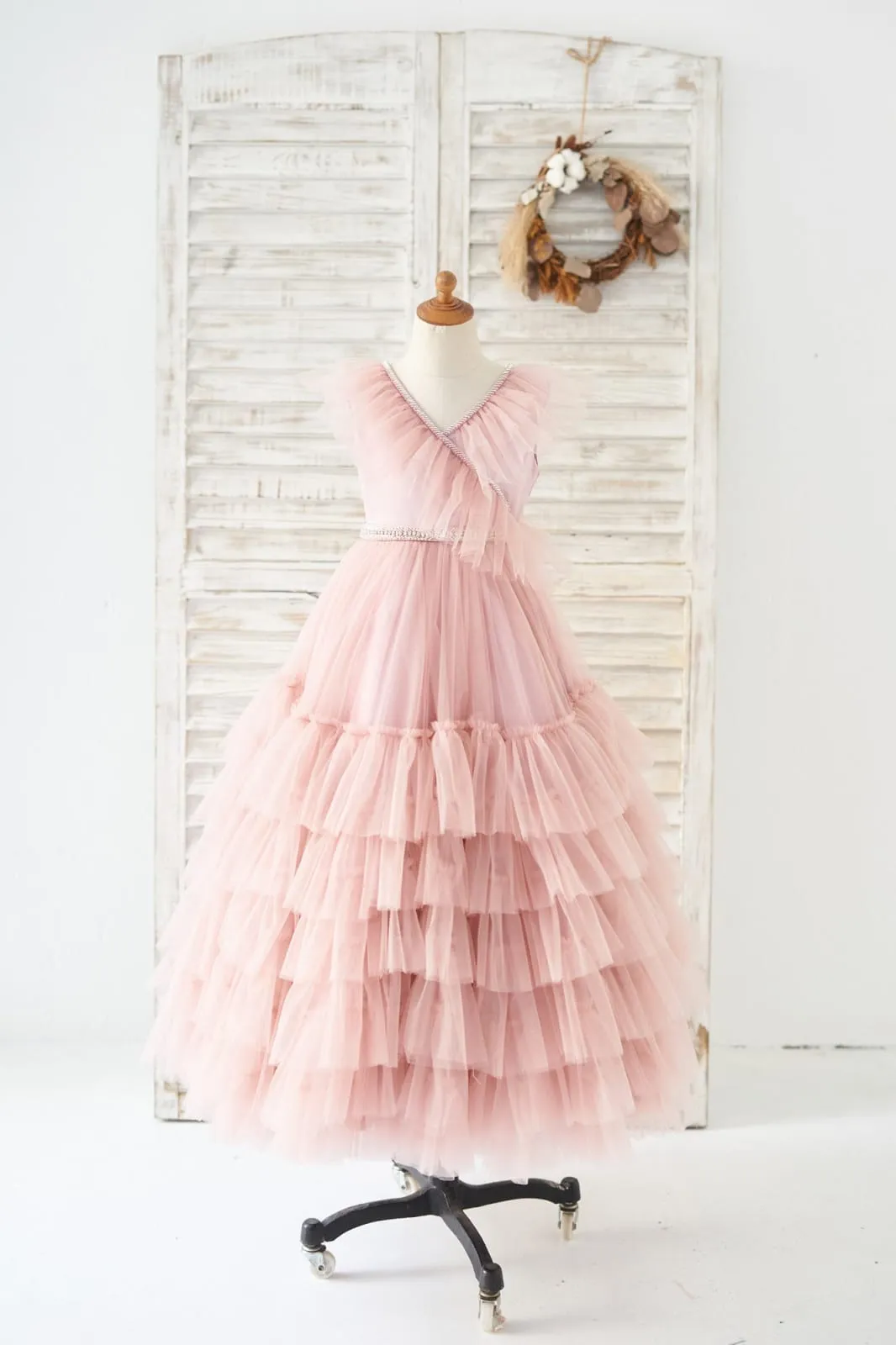 Princess V Neck Mauve Tulle Cupcake Wedding Flower Girl Dress Kids Party Dress