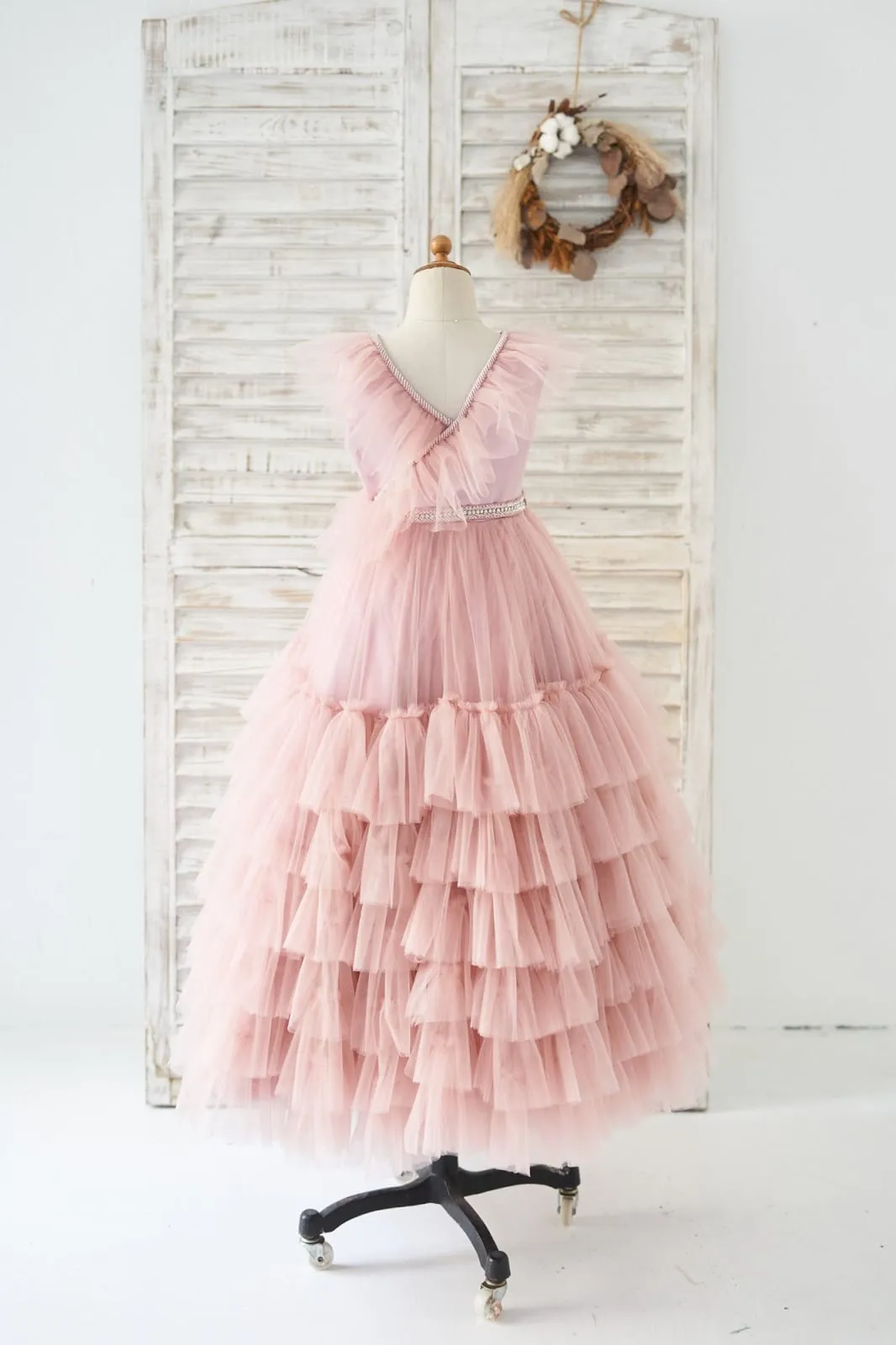 Princess V Neck Mauve Tulle Cupcake Wedding Flower Girl Dress Kids Party Dress