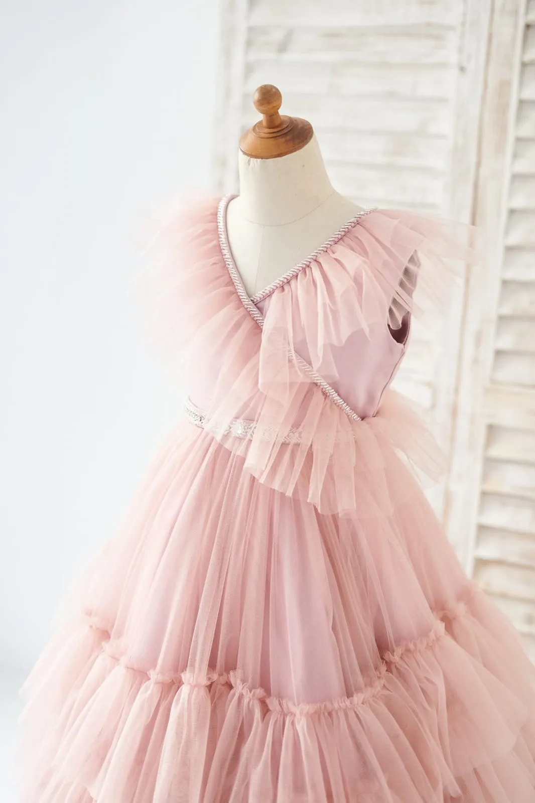 Princess V Neck Mauve Tulle Cupcake Wedding Flower Girl Dress Kids Party Dress