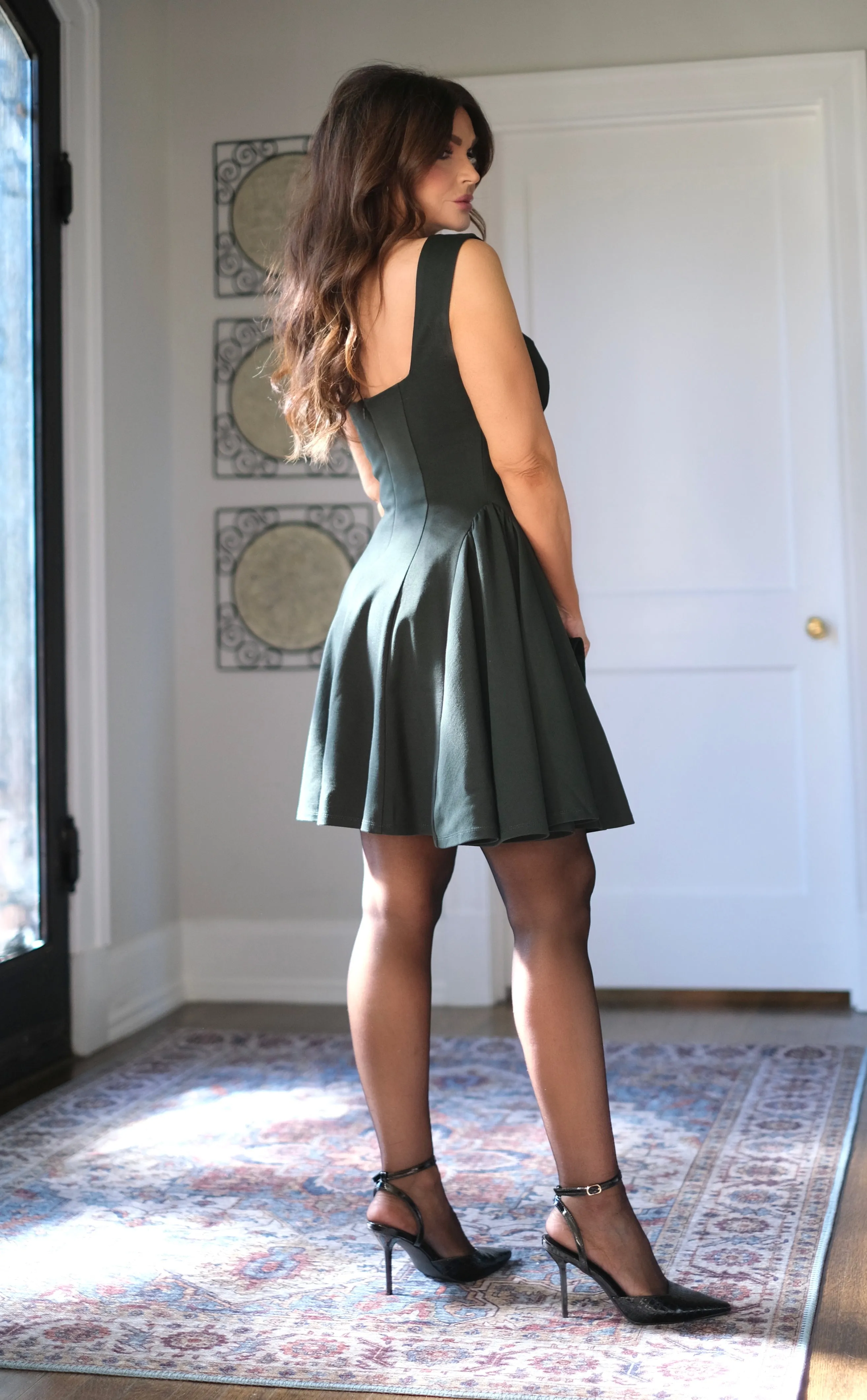 Princessa Forest Green Square Neck Puff Mini Dress