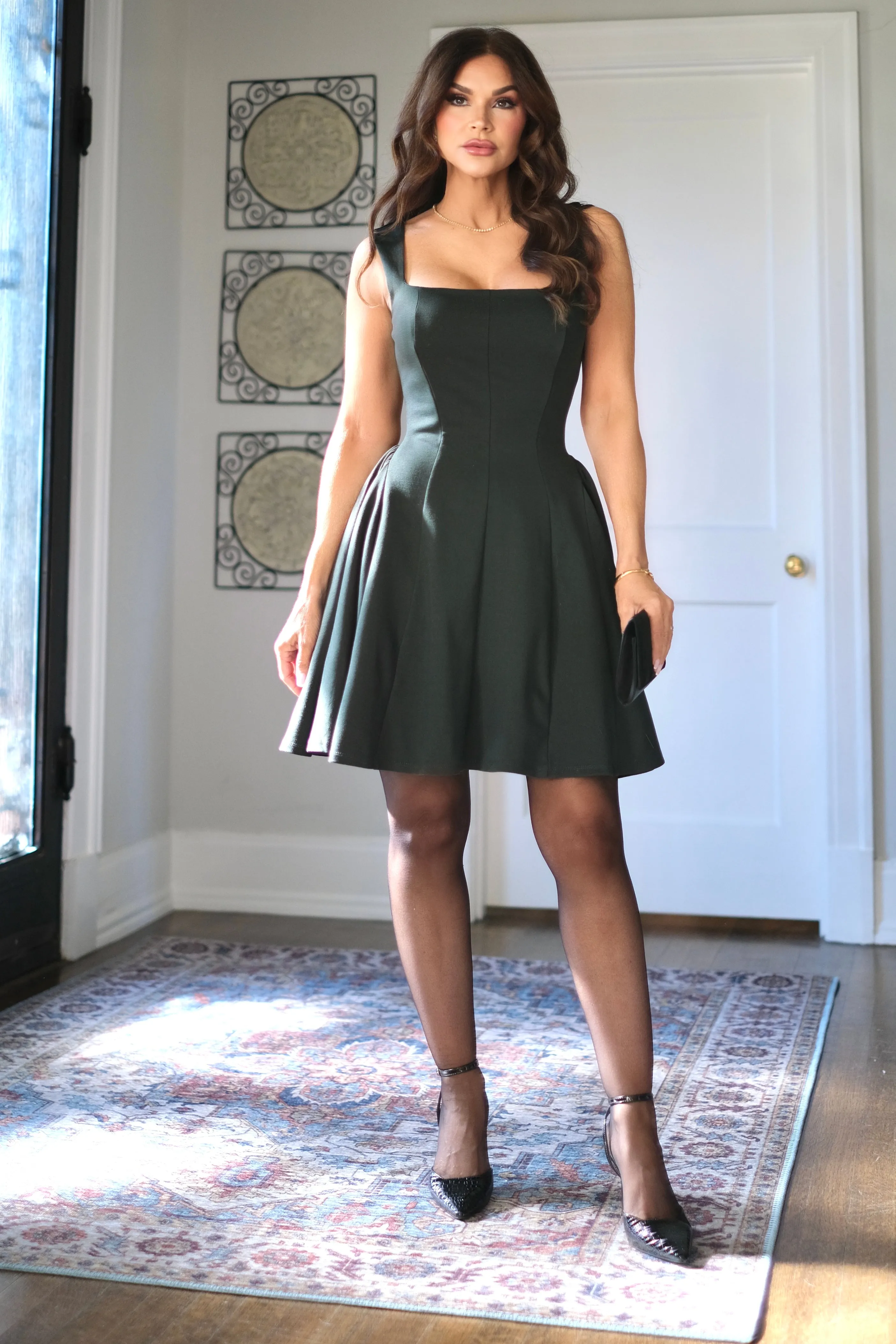 Princessa Forest Green Square Neck Puff Mini Dress