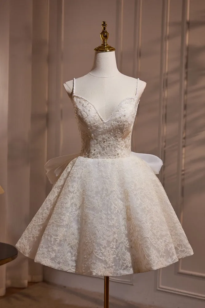 Printed Lace Spaghetti Straps V-neck Bow Tie Beading Short Homecoming Dress