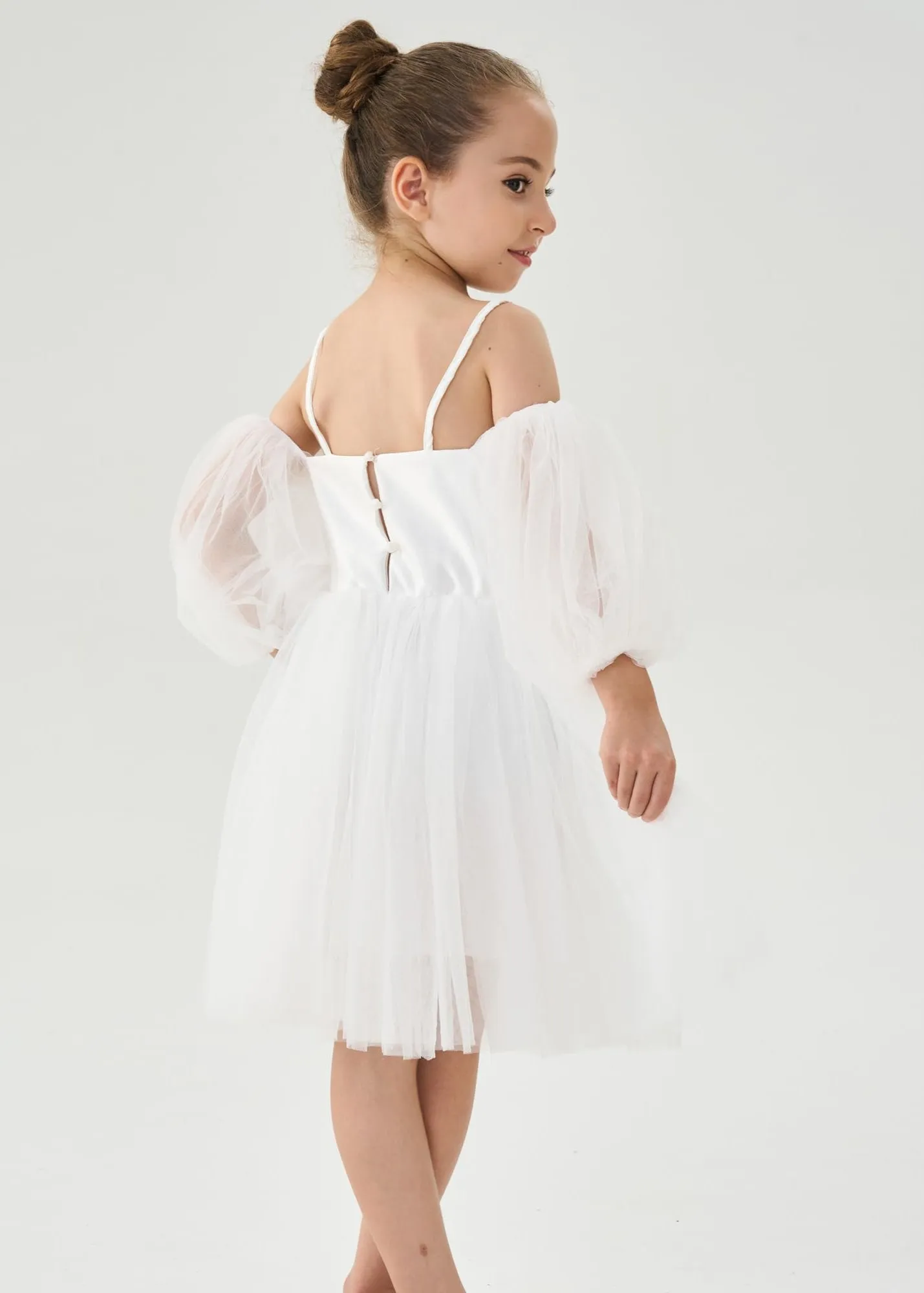 Puff Sheer Sleeve Tulle Girl Dress in White