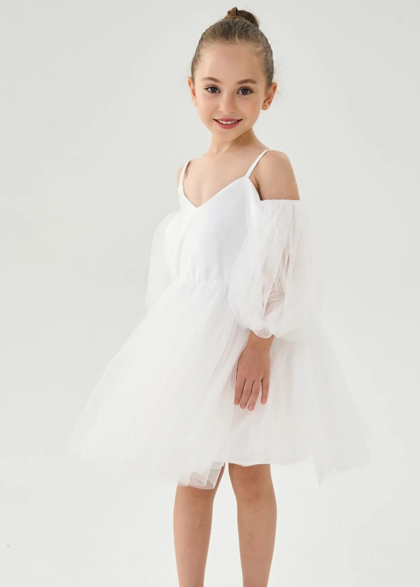 Puff Sheer Sleeve Tulle Girl Dress in White