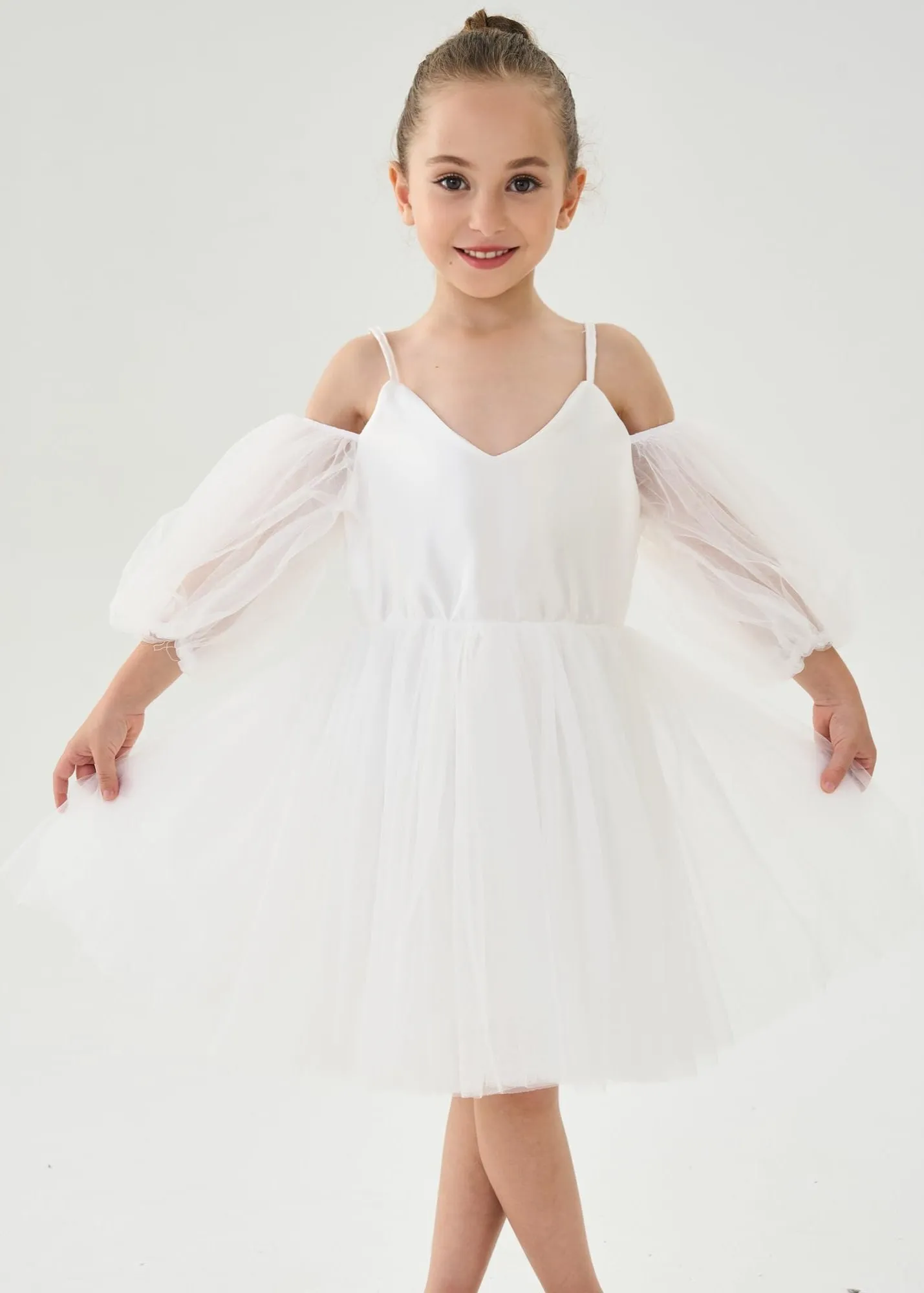 Puff Sheer Sleeve Tulle Girl Dress in White