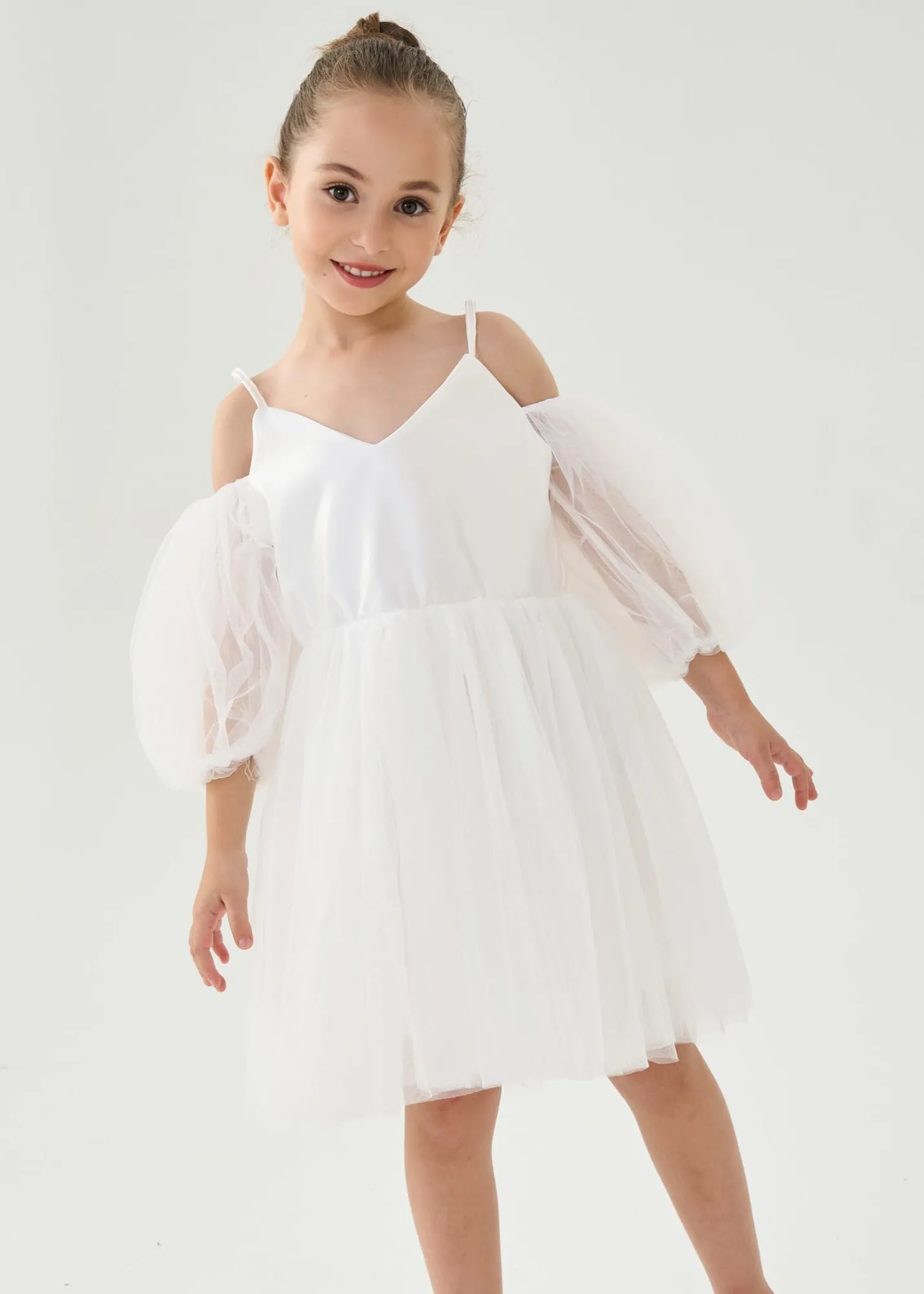 Puff Sheer Sleeve Tulle Girl Dress in White