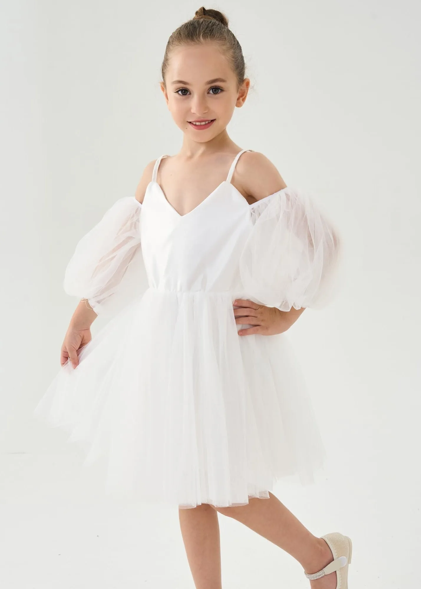 Puff Sheer Sleeve Tulle Girl Dress in White