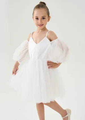 Puff Sheer Sleeve Tulle Girl Dress in White