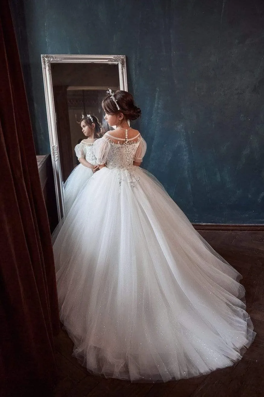 Puffed Sleeves Ball Gown Flower Girl Dress with Train