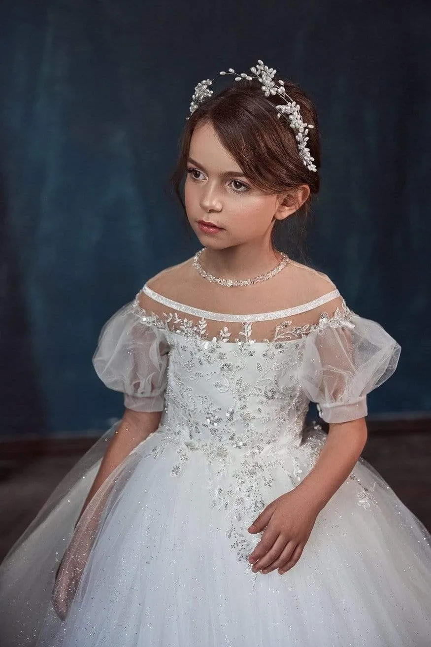 Puffed Sleeves Ball Gown Flower Girl Dress with Train