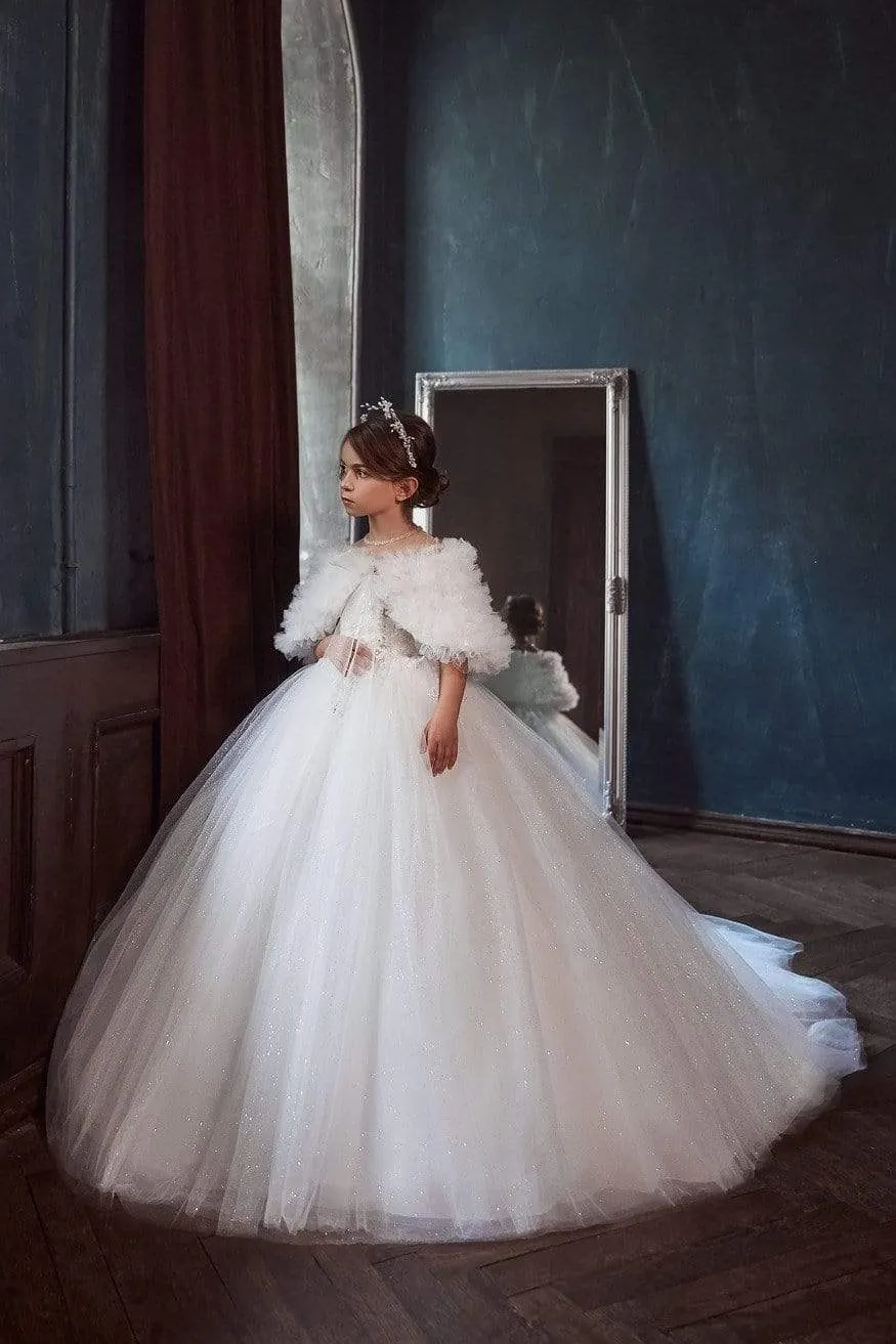 Puffed Sleeves Ball Gown Flower Girl Dress with Train